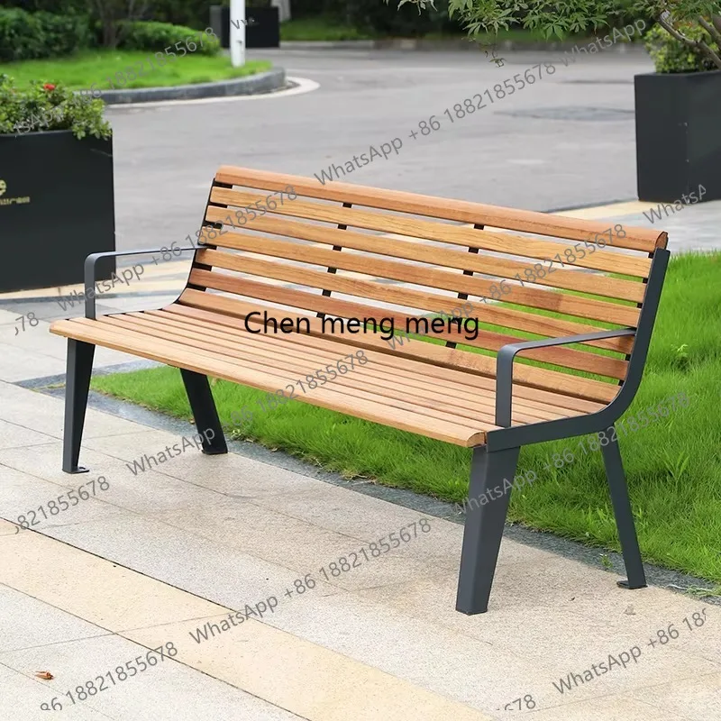 Customized Modern Patio Outdoor Benche with Backrest Steel Park Long Bench Chair with Solid Wood Outside Waiting Seat for Street