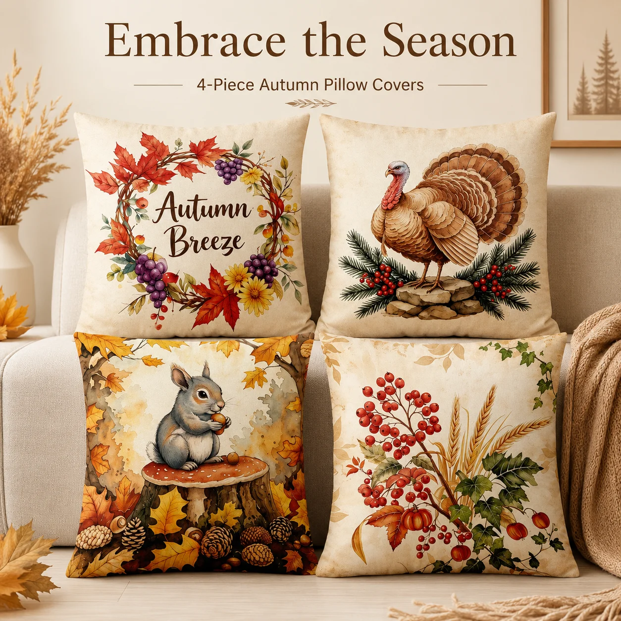 

Set Of 4 Autumn Harvest Cushion Covers 2D Flat Printed Peach Skin Coussin Room Decor Pillowcases For Bedroom Couch Home Decor