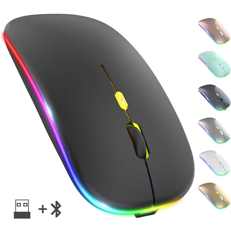 Mouse sem fio 2.4g, mouse colorido rgb, recarregável, silencioso, usb, mouse para jogos, 1600dpi, para pc, laptop, macbook pro