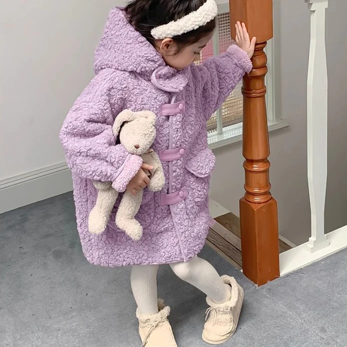 Girl Plush Jacket Lamb Wool Autumn and Winter Thickened and Trendy Mid Length Lamb Wool Hooded Coat Simple Purple