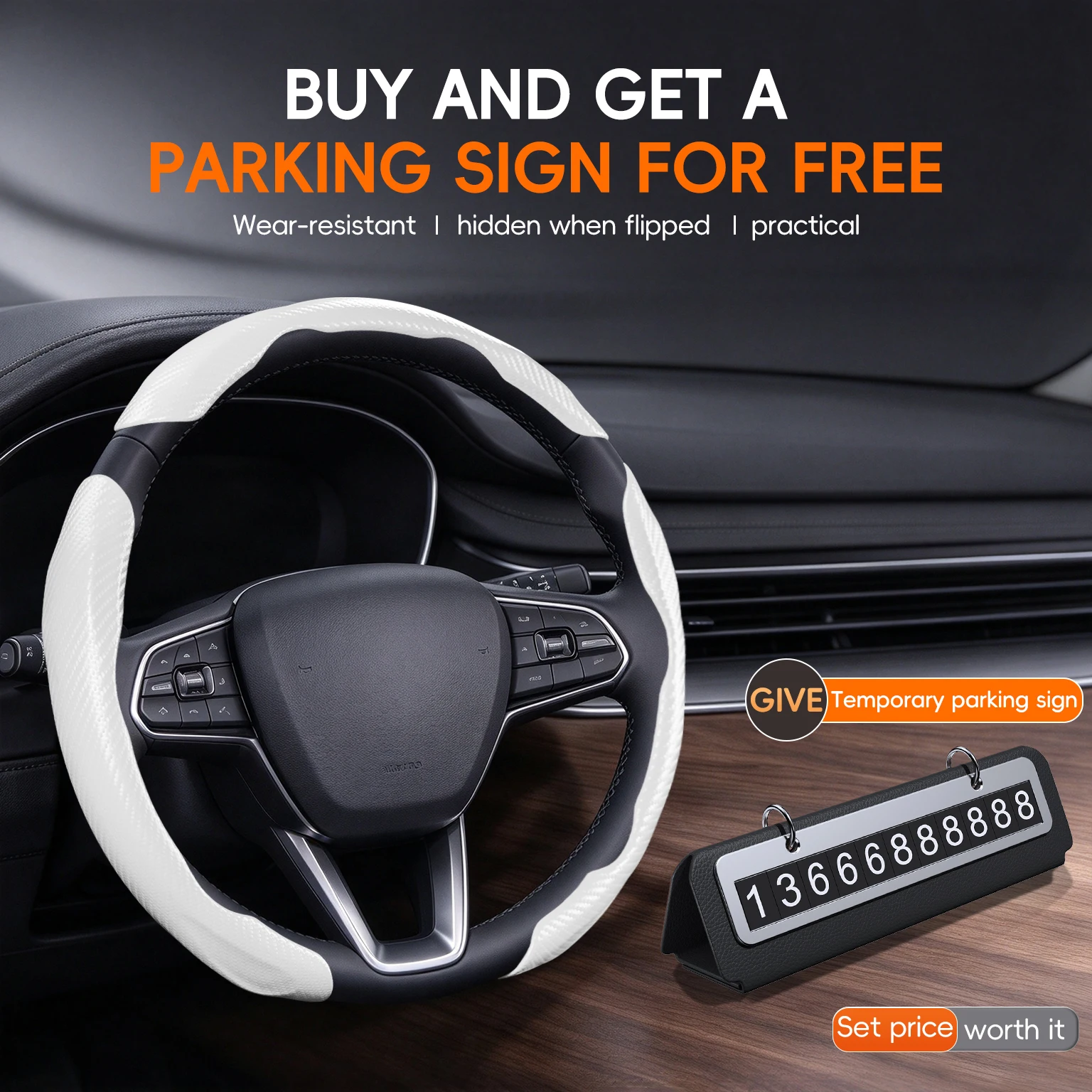 O-D type universal carbon fiber steering wheel anti slip assist protective cover, with free parking sign included