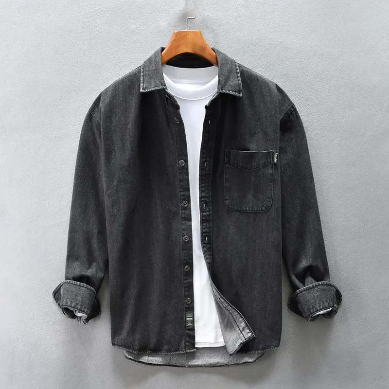 Fashion Designer Men Shirts High Quality Blue Gray Loose Fit Casual Denim Shirts Men Y2K Japanese Style Vintage camisa masculina