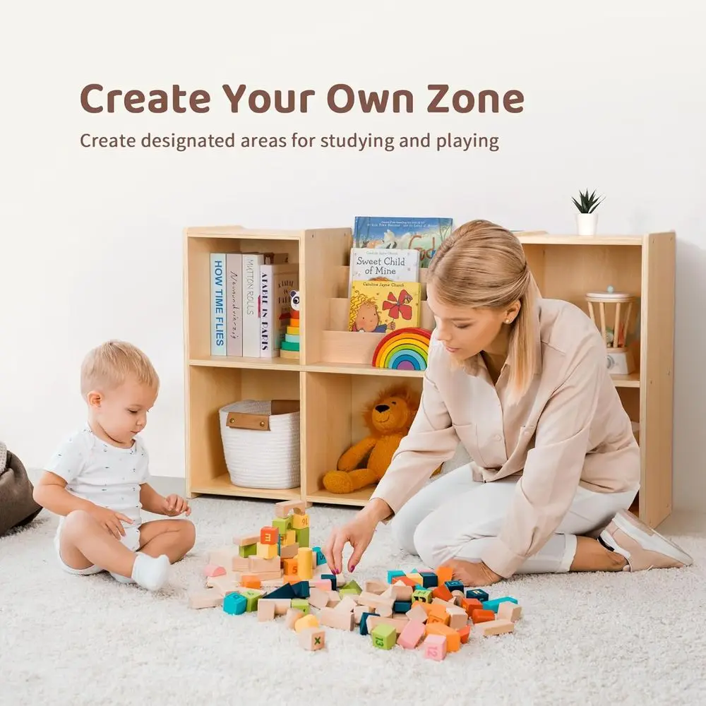 منظم كتب وألعاب مونتيسوري للأطفال بطبقتين، خزانة تخزين مكونة من 5 أقسام للفصول الدراسية وغرفة اللعب #4