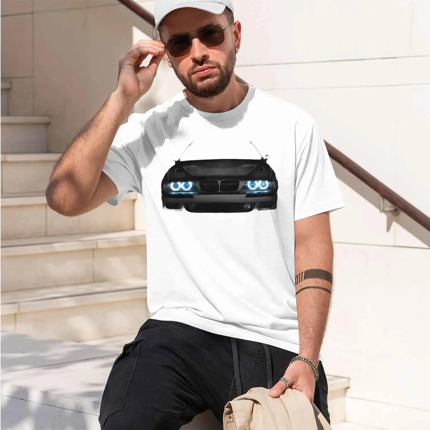 Car Front View With Blue Headlights Men's T-Shirt Automotive Design Summer Casual Wear For Car Enthusiasts 2026 New Model Short-