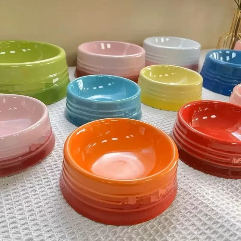 

12cm/5cm French Rainbow Home Short Footed Pet Bowl Ceramic Cat and Dog Bowl Large Capacity Anti Spill Snack Bowl Gradient Color