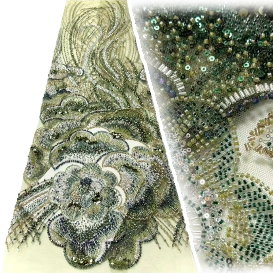 

New French Mesh Beaded Lace Fabric 2026 Deep Blue African Nigerian Sequined Tulle Lace Fabric Wedding Gown & Evening Wear 1815