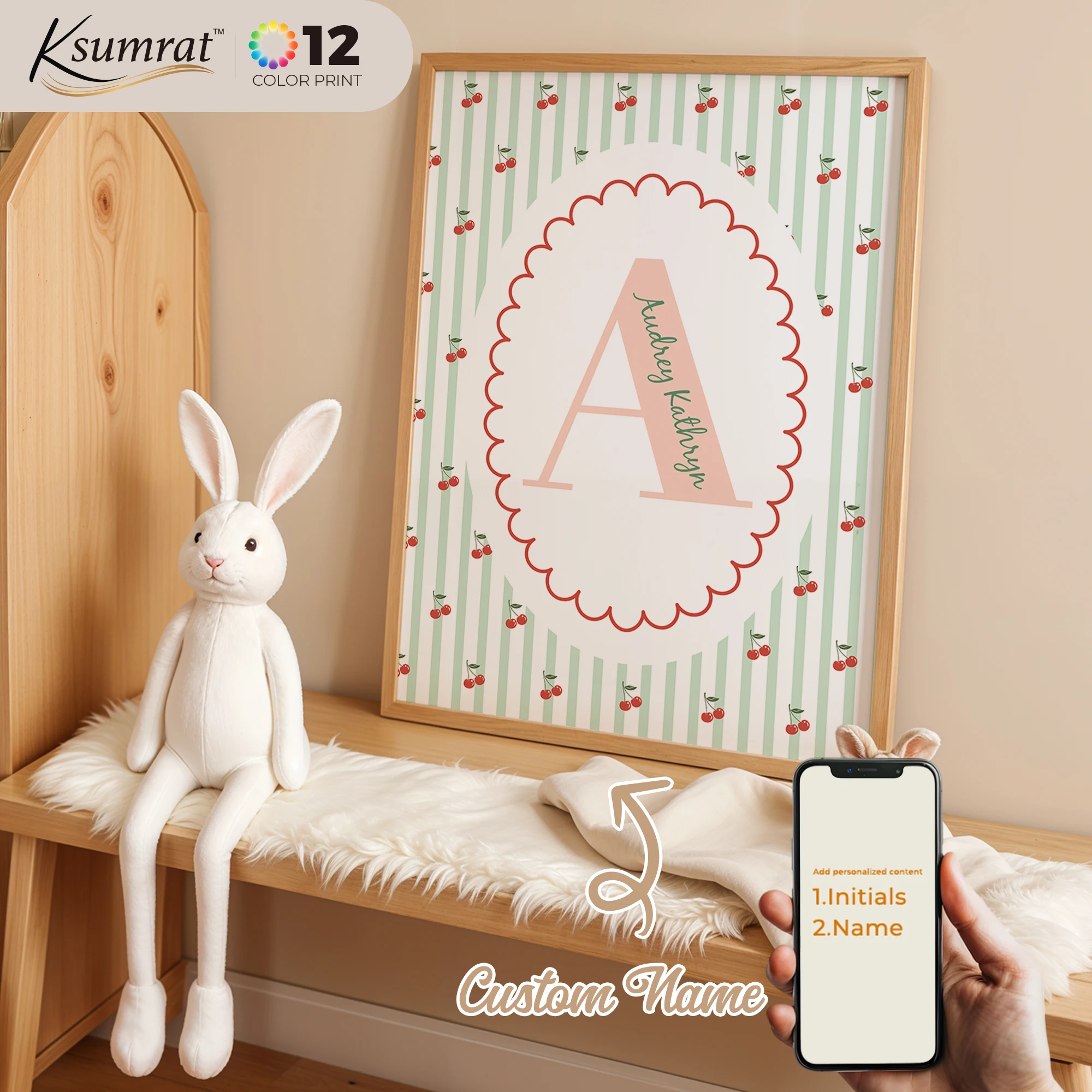 

Modern Personalized Name Custom Green Line Cherry Wall Art Print Canvas Painting Poster Picture For Kids Room Home Decor