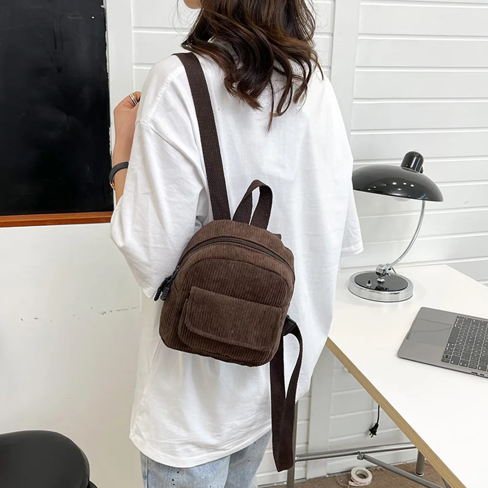 Women Fashion Mini Backpack Versatile Corduroy Backpack Solid Color Retro Travel Backpack Student Book Bag for School Travel