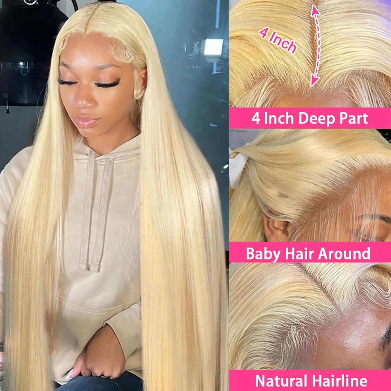 Peluca de cabello humano liso con malla frontal, 28 pulgadas, 613, Rubio, 13x4, HD, transparente, 180% de densidad, predesplumada