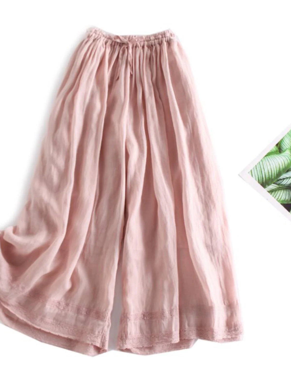 

Элегантные брюки-юбка с высокой талией и широкими штанинами, с эластичным поясом и вышивкой, из смесового хлопка и льна, длиной 7/8, летняя мода