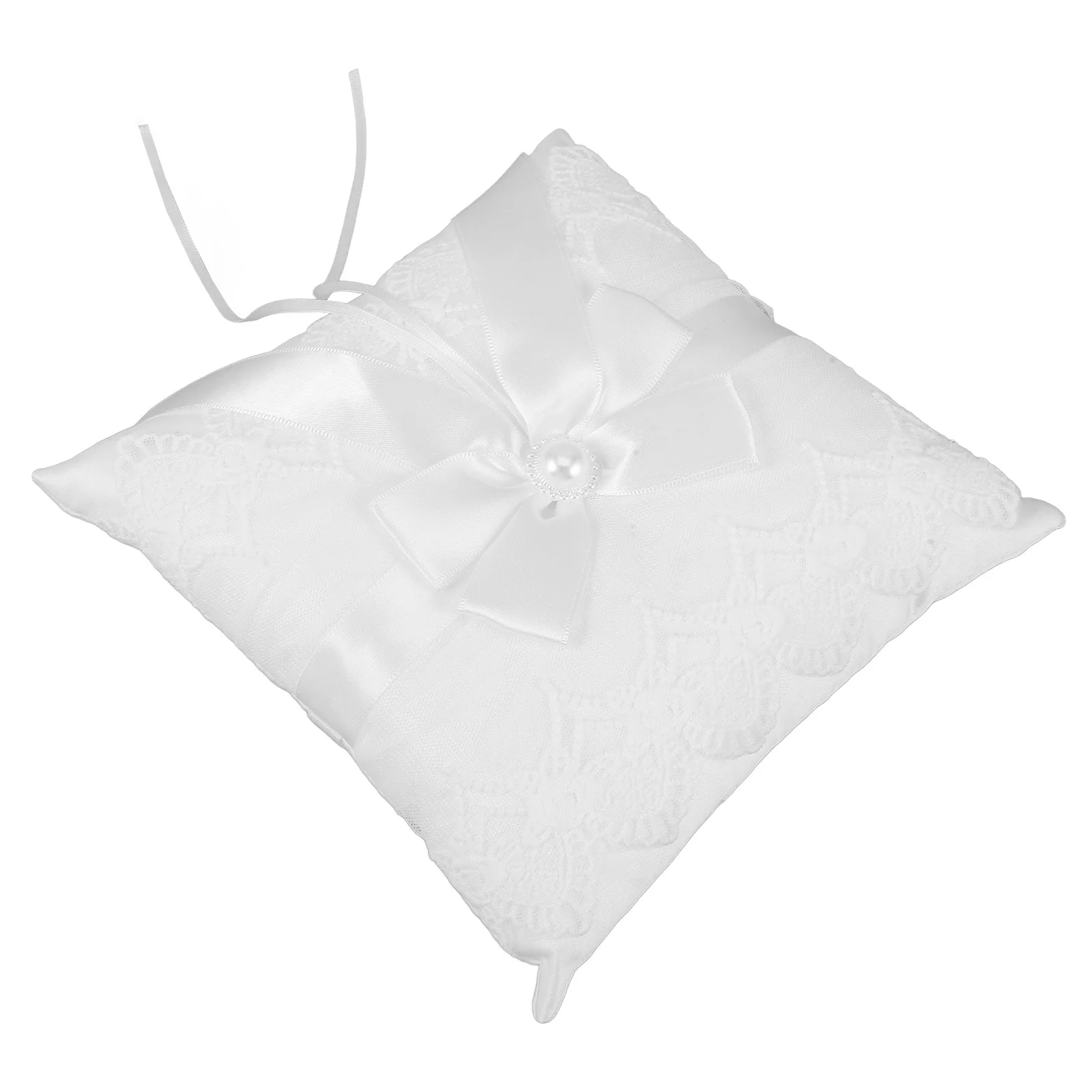 Wedding Ring Pillow Lace Pearls White Satin Bowknot Elegant Bridal Ceremony Ring Cushion Holder Wedding Party Decor