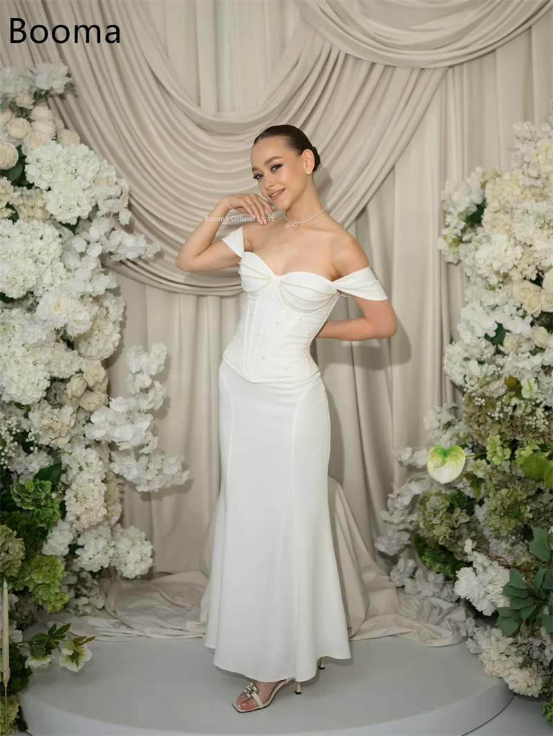 Booma Mermaid Elegant Off The Shoulder Wedding Dresses Satin Pearls Long Sleeveless Brides Gown Custom Made 2025