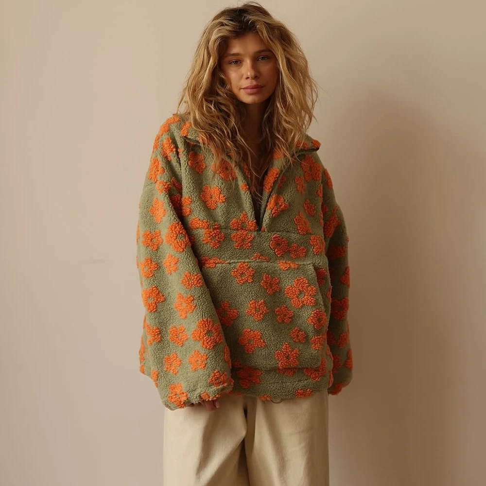 

Ticketsx Floral Print Imitation Lamb Wool Hoodie Women's Full Sleeve Zip Pocket Loose Top Lady Autumn Chic Casual Holiday Coat