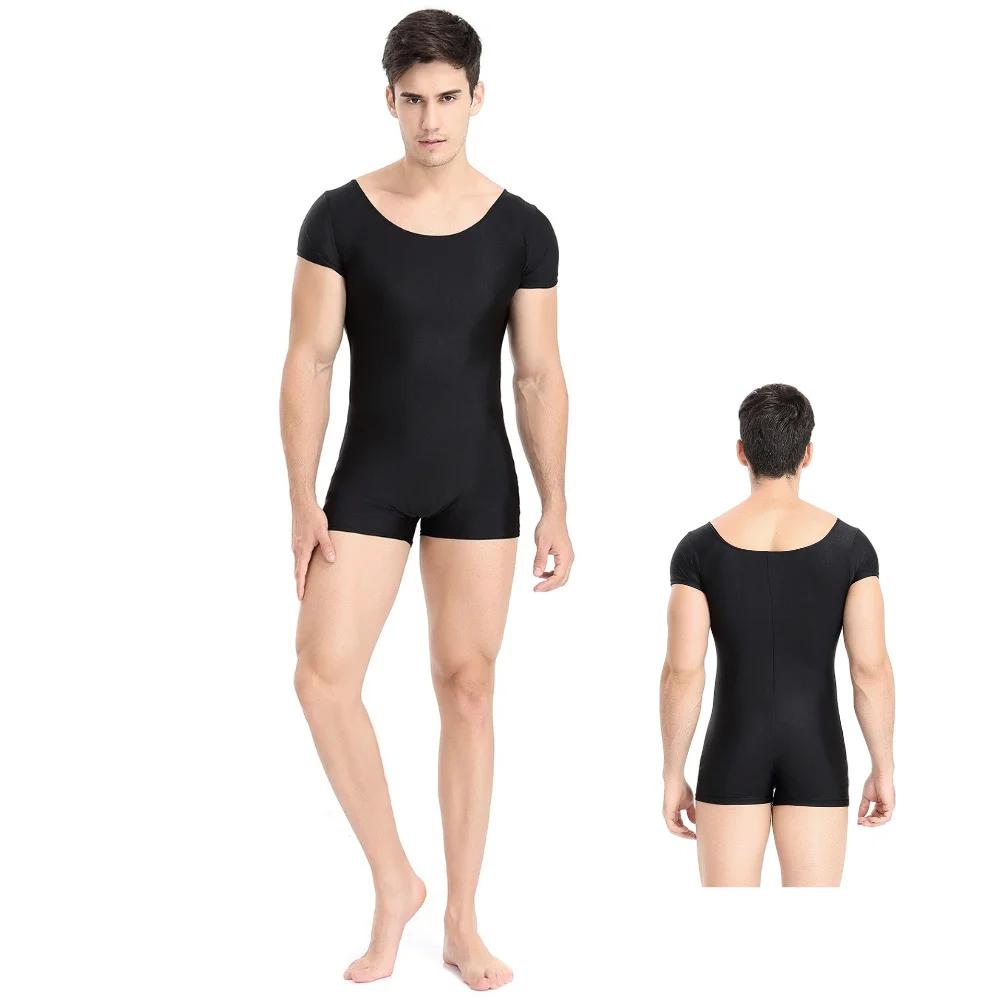

Speerise Men's Short Sleeve Leotard Round Neckline Bodysuits Adults Spandex Nylon Black Gymnastics Leotards Dancewear