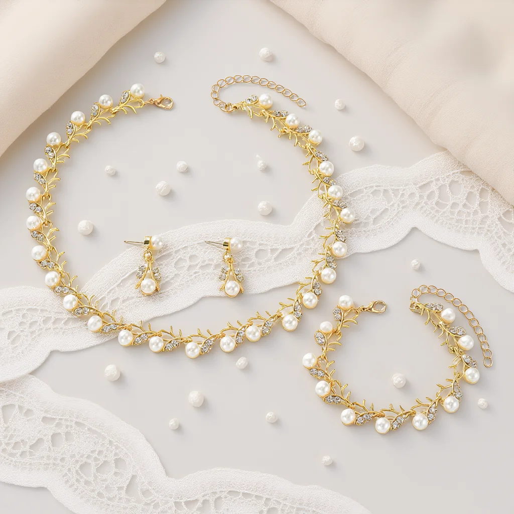 

4pcs Elegant Vintage Jewelry Set for Women Pearl Tree Branch Style Necklace Golden Choker Bridal Wedding Bracelet Party Gift