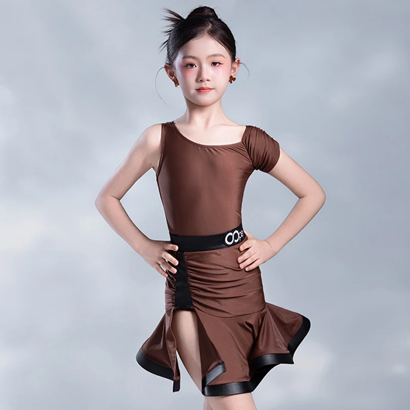 

Summer Girls Latin Dance Dress Irregular Slant Shoulder Brown Fishbone Dress Kids Latin Practice Performance Clothing BL15726