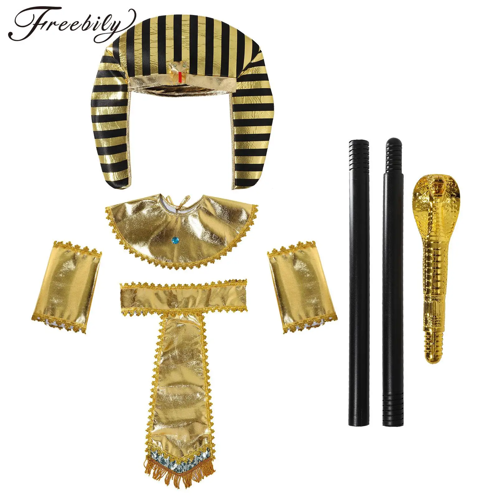 

Adults Kids Ancient Egypt Pharaoh King Cosplay Costume Props Snake Hat with Collar Belt Wristbands for Halloween Theme Party