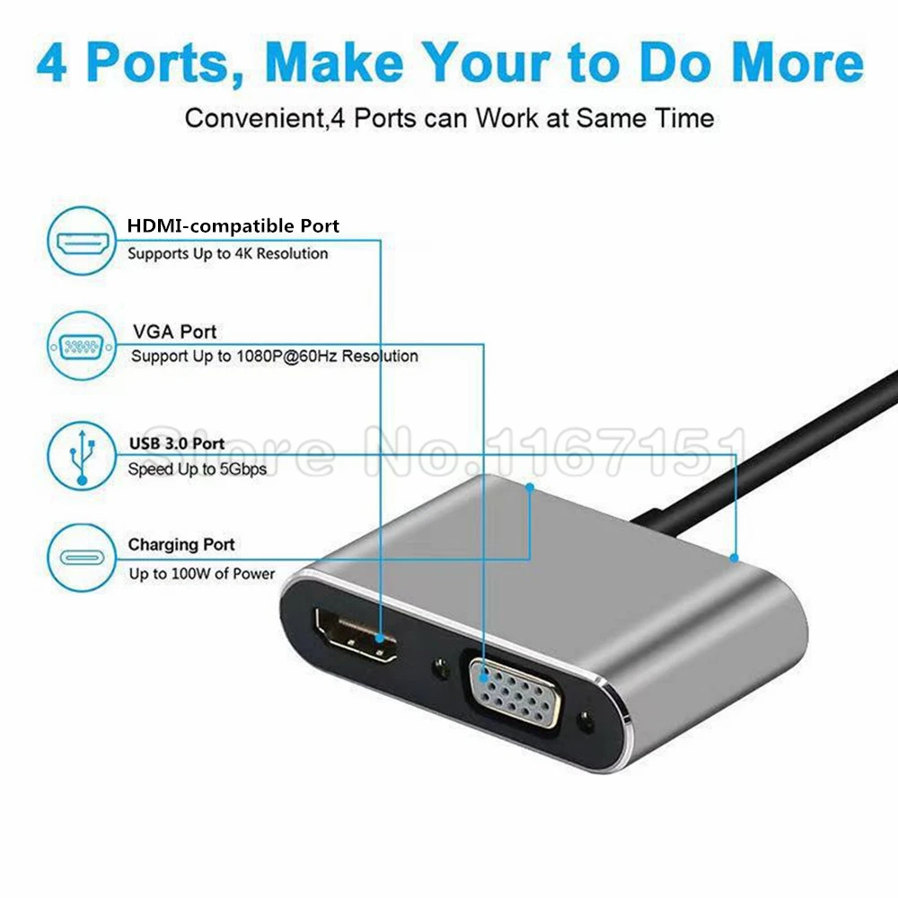 2pcs 4-in-1 Type C Adapter Hub To HDTV VGA USB 3.0 Digital AV Multiport Adapter With TYPE-C PD Charging Port Compatible