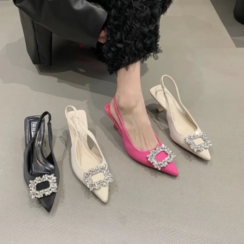 

Summer Women Sandals New Women's Shoes Pointed Toe Shallow Nude Pink Diamond Shoes Low Heel Back Strappy Shoes Women dress shoes