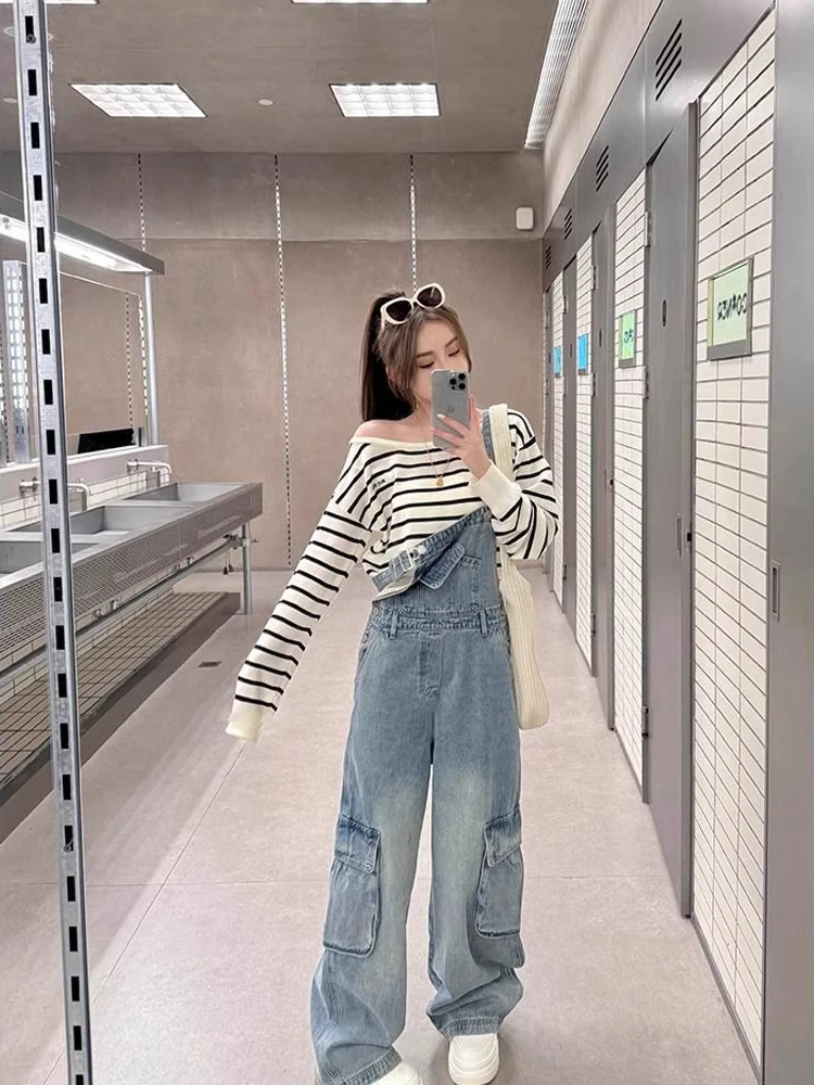 

American style retro denim overalls women's autumn new big pocket age reducing loose fashion versatile wide leg pants