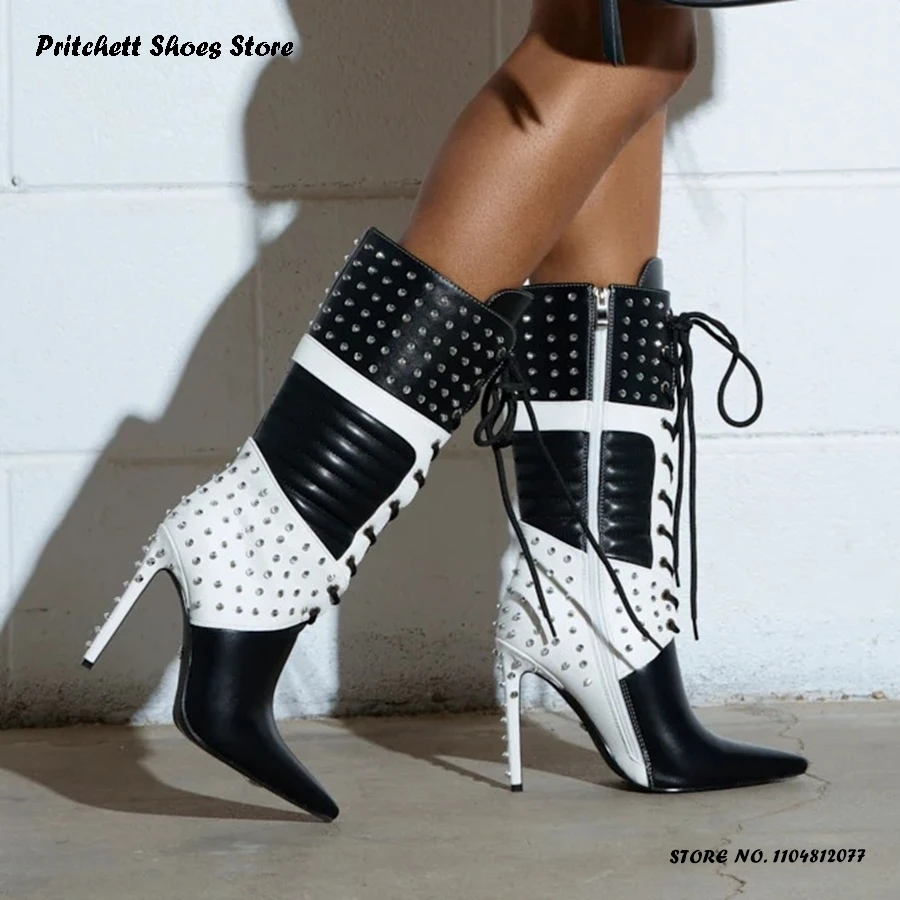 

Women's Rivet Black and White Booties 2025 Pointed Toe Thin Heels Party Dress Shoes Spring Autumn Lace-up Zipper Mid-calf Boots