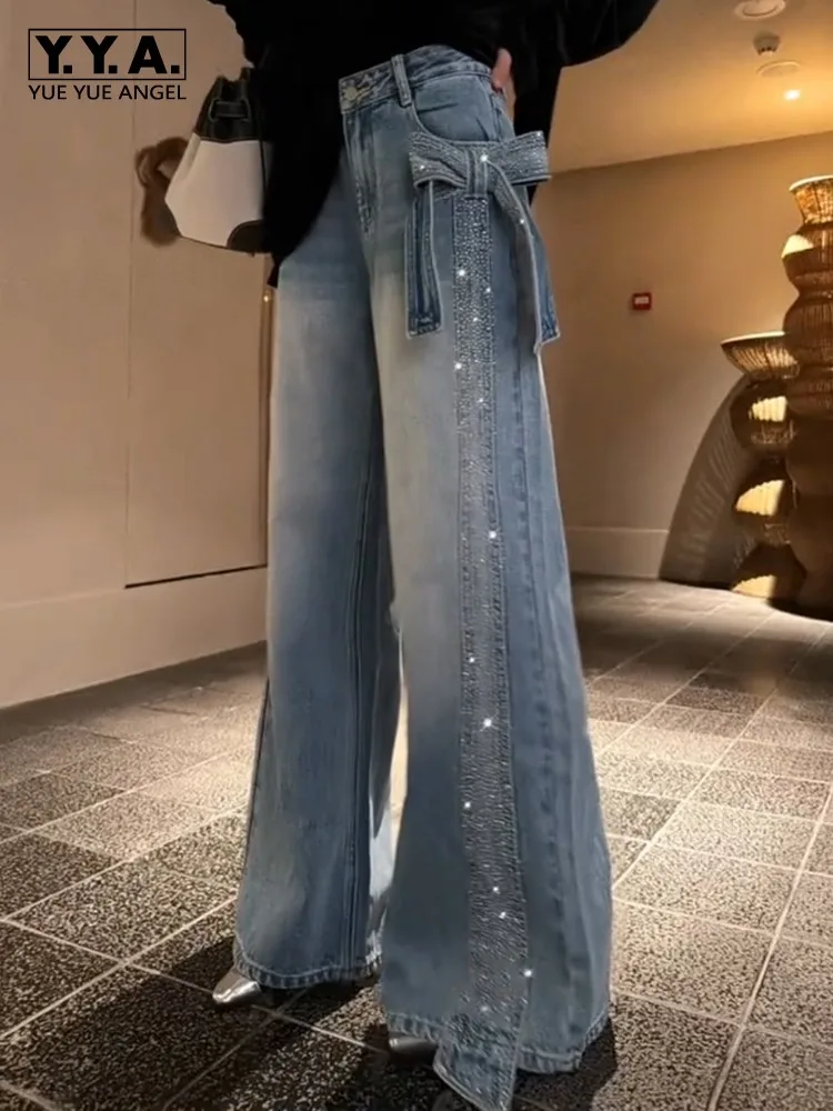 

Spring New Office Ladies Diamond Shiny Bowknot Jeans Fashion Loose Straight-leg Wide Leg Denim Trousers Full Length Women Pant