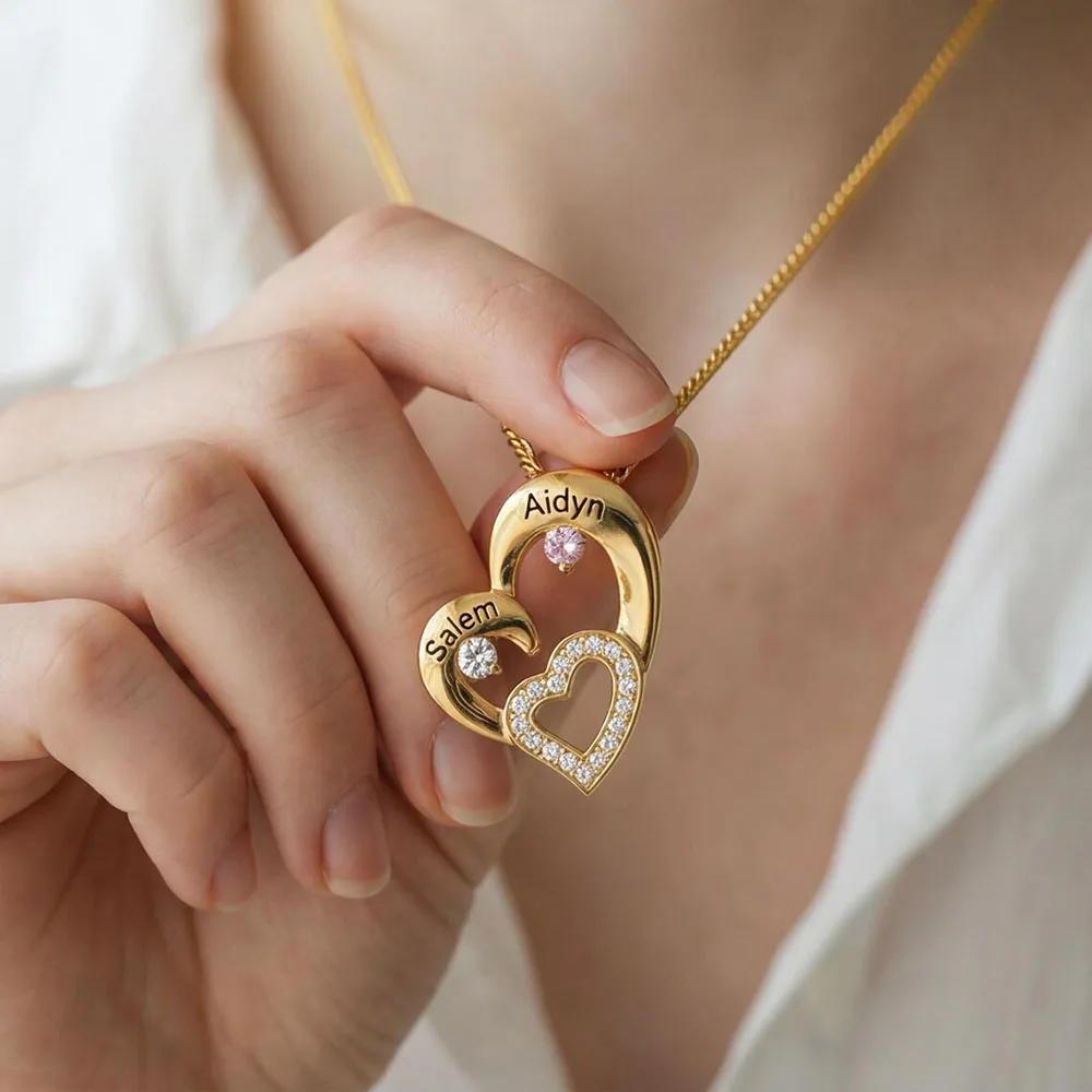 

Индивидуальное ожерелье с двойным сердцем и именем, персонализированный кулон с камнем по месяцу рождения для женщин/мам/лучших подруг, парное украшение, подарок на день рождения, ювелирное изделие.