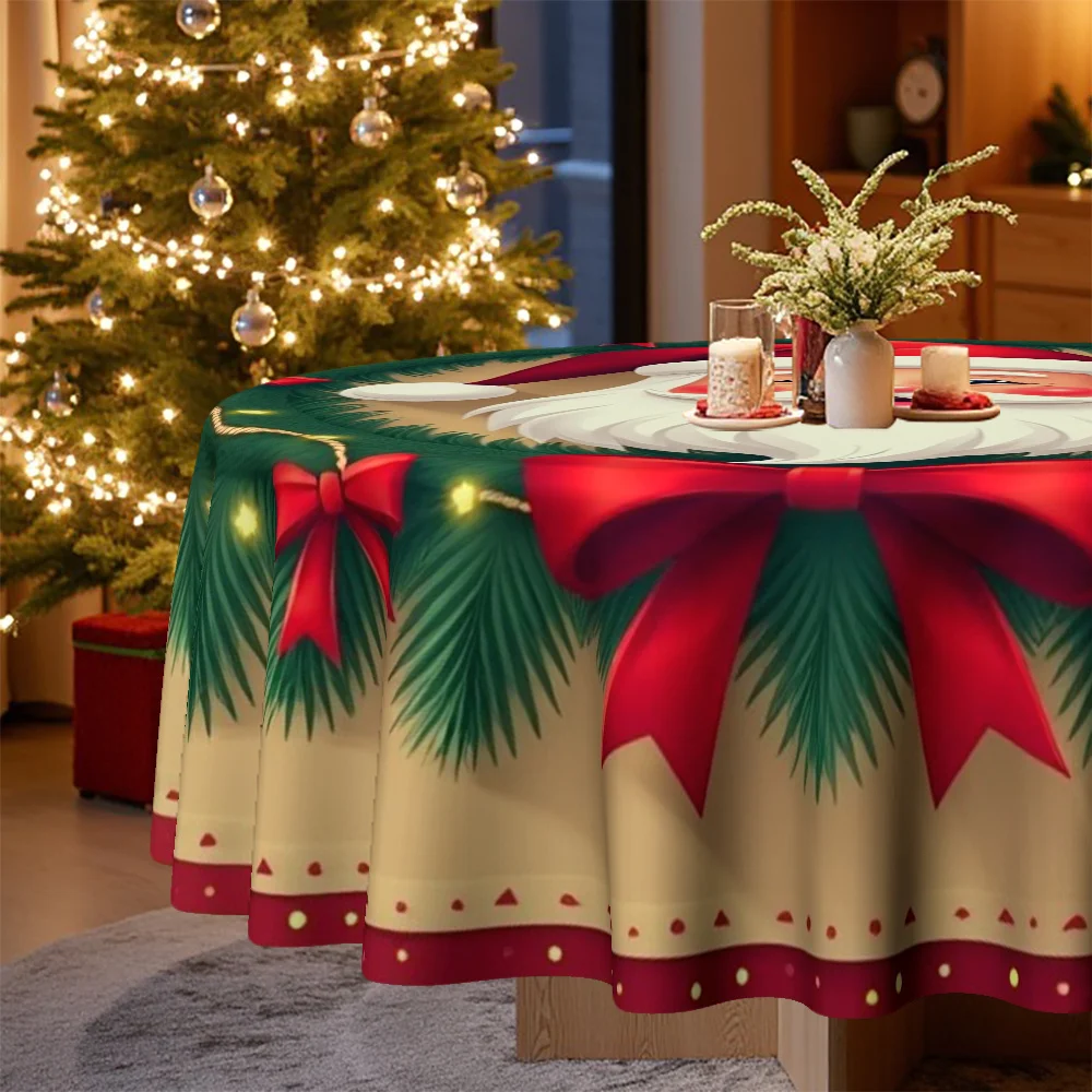 Christmas-themed round tablecloth 1 piece, with a merry Santa face pattern surrounded by a wreath of festive pine trees.