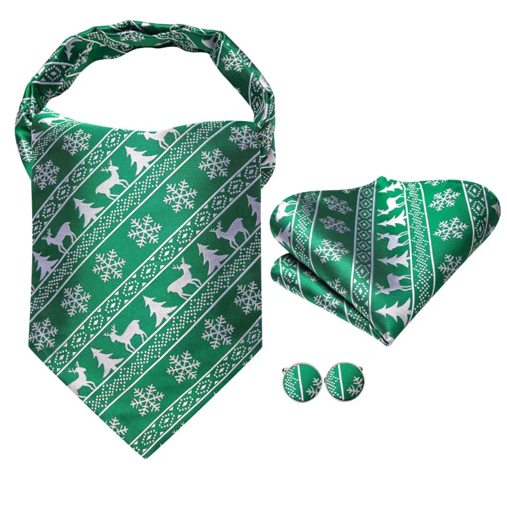 Hi-Tie Green Silk Brand Men Elegant Christmas Ascots Jacquard Hankerchief Cufflink Vintage Cravat Scarf Xmas Gift For Male Party