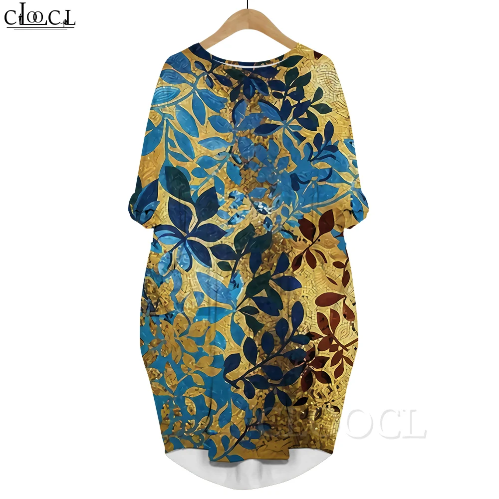 

CLOOCL Women Midi Dress Green Plants 3D Printed Dress Long Sleeve Pocket Dress Round Neck Loose Robes Vintage Summer Dresses