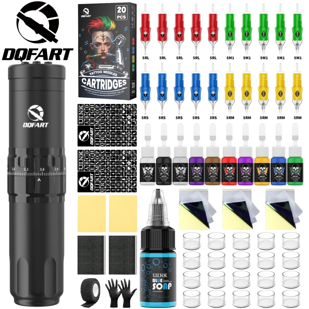 DQFART T1Pro Kit 1500mAh Electric Wireless Tattoo Machine Tattoo Pen Blue Soap Tattoo Ink Needles Supplies Accessories Body Art