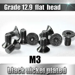 YFS M3 Hex Socket flat Head Screws Grade 12.9 Black Nickel Plated Antirust Screws 10Pcs