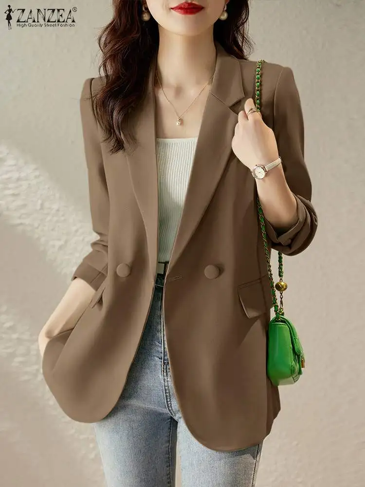 Stylish Women Autumn Long Sleeve Blazer ZANZEA Fashion Casual Lapel Neck Solid Work Suits Elegant Ladies OL Thin Coats Jackets