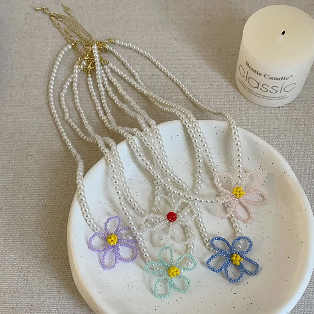 

Fashion Jewelry Flower Necklace Colorful Bohemia Imitation Pearl Necklace Clavicle Chain Pendant Beads Choker Summer
