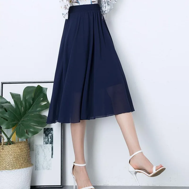 #1703 Black Red Green Blue Red Chiffon Skirts Womens A-line Pleated Skirt Ladies Sexy Elegant Formal Skirt Female Elastic Waist