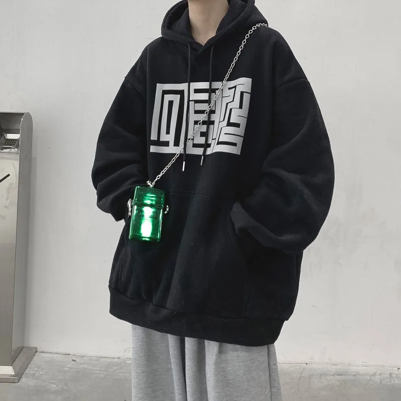 الخريف والشتاء الكورية Harajuku سترة عالية الجودة Y2K Maze نمط الطباعة مقنعين الرجال سترة ملابس فضفاضة غير رسمية Y2k القوطية