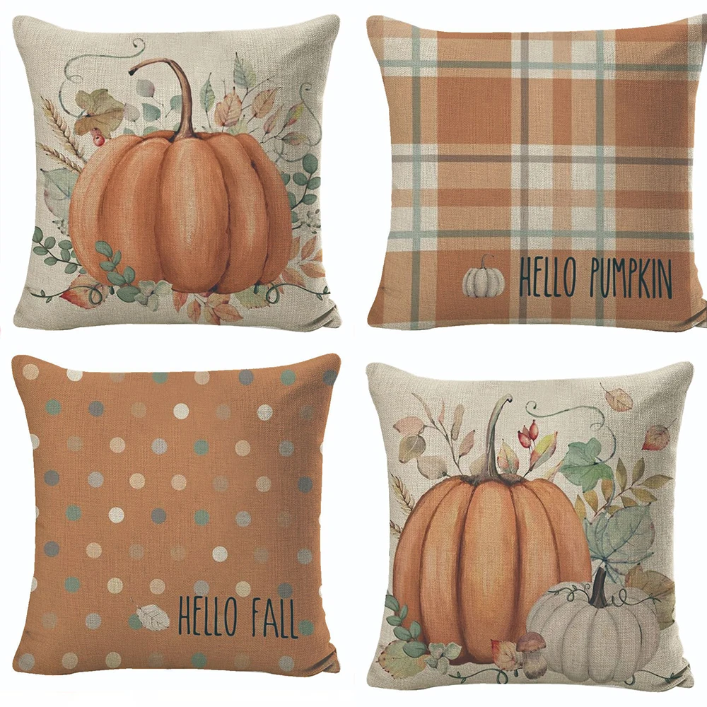 

Hello Fall Pumpkin Throw Pillow Covers Set of 4, 18 x 18 Inch Autumn Thanksgiving Harvest Orange Eucalyptus Decorations Case