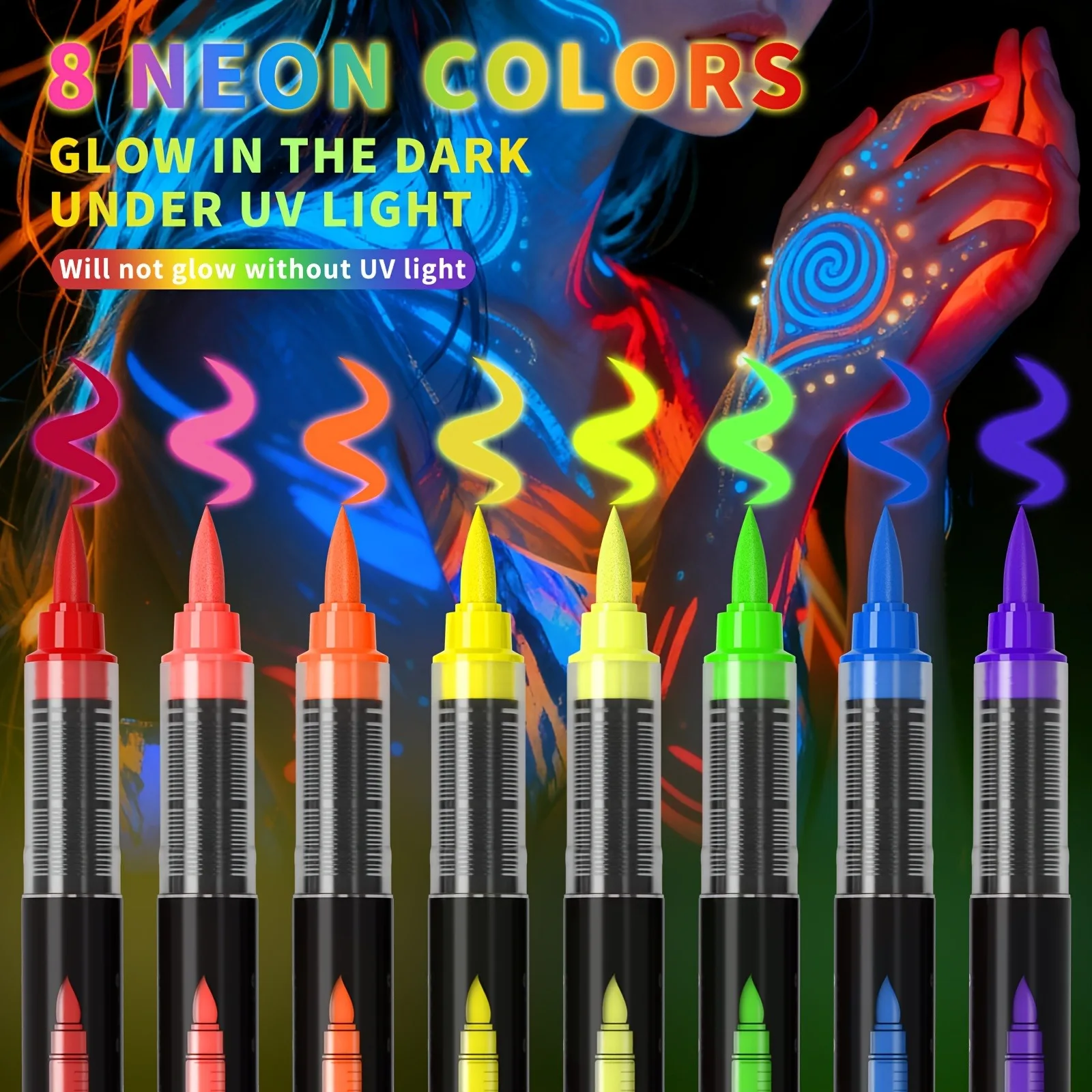 EYIR 8 Colors UV Face Body Paint Pens with Stencils Washable Neon Glow Makeup Markers for Halloween Cosplay Festival Party Art