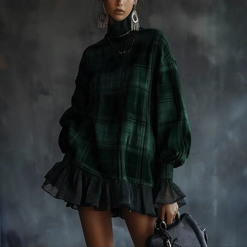 Retro-Karomuster-Minikleid mit Rüschensaum für Damen, Hochkragen, ausgestellte lange Ärmel, elegantes, lässiges, langärmeliges, kurzes Kleid