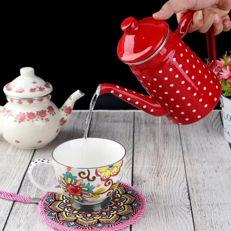 1.2L Heatable Enamel Pot Household Teapot Coffee Pot Fruit Teapot Ethnic Style Kitchen Restaurant Enamel Cup