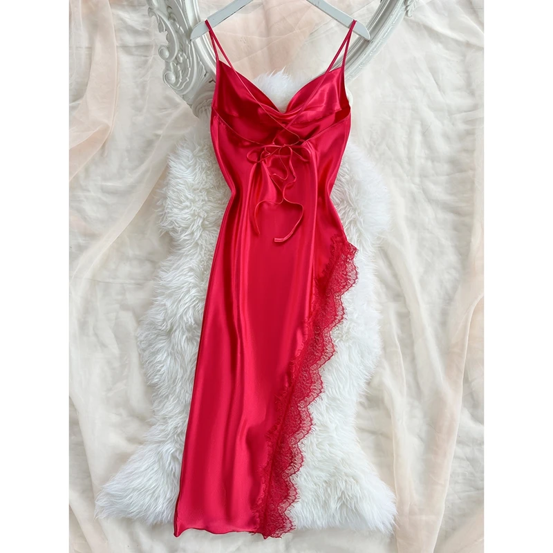 Combhasaki المرأة الأشرطة تعادل عارية الذراعين ثوب النوم Y2k الأزهار الدانتيل تقليم الحرير الساتان المرقعة الجانب عالية الشق كامي زلة فستان طويل #2