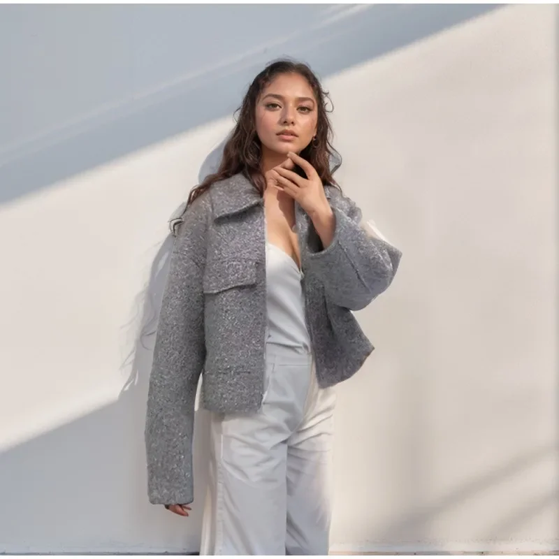 Luxury Spring Autumn Bomber Jacket Women Zip Wool Coat Long Sleeve Short Tops Streetwear Fashion Lapels Outerwear New Black Gray