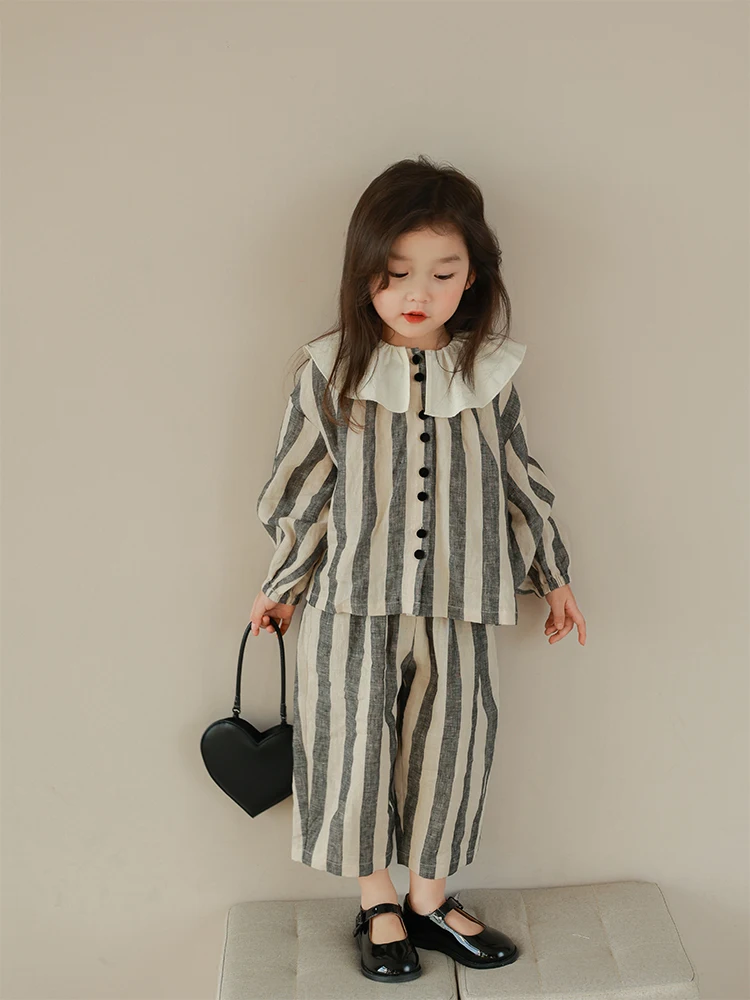 2024 Striped Lapel Long Sleeves Girls Dress Fashion Girl Pants Korean Children Clothing Casual Kids Birthday Party New Dresses