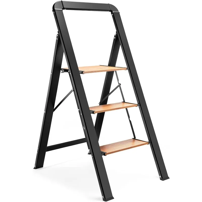 3 Step Ladder Aluminum Folding Step Stool, Lightweight Woodgrain Finish Ladders Sturdy