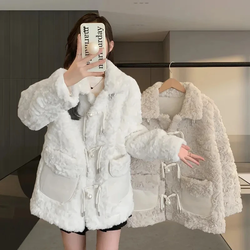 الشتاء امرأة رقيق معطف فرو الضأن الدافئة فو الفراء معطف طوق ملابس خارجية قصيرة القلنسوة زر الكورية سترات الفراء سترة جديدة #3