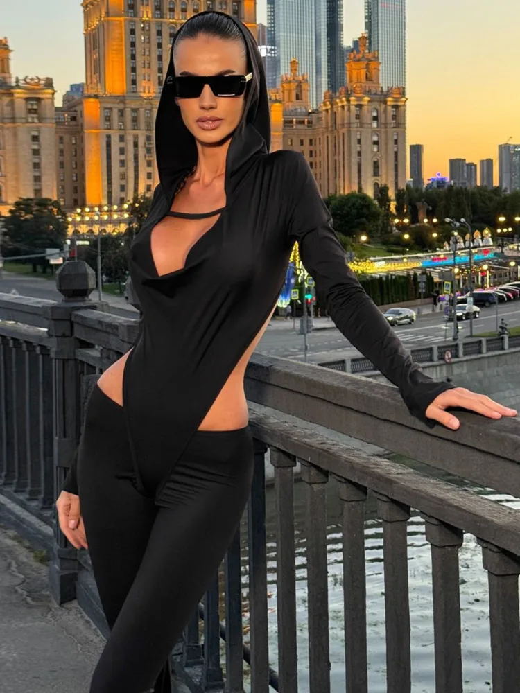 Mozision Sexy Solid Hollow Out Slim Fit Hooded Long Sleeved Jumpsuits For Women Fashion Bodycon Jumpsuits Autumn Streetwear