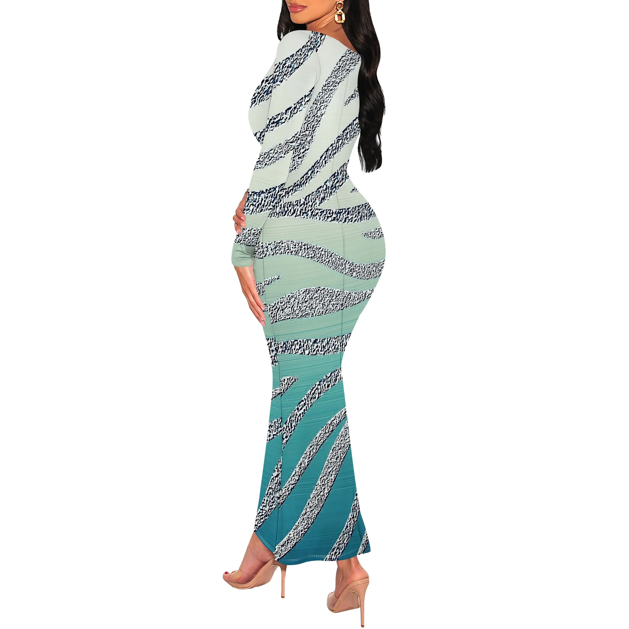 Gradient Zebra Stripe Bodycon Maxi Dress Scoop Neck Long Sleeve Sexy Club Party Dress