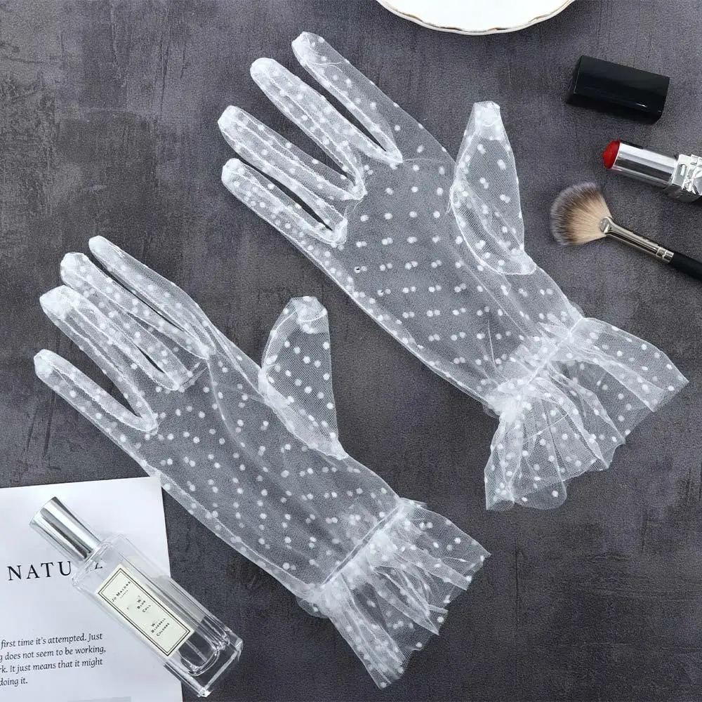 Mesh Tulle Sheers Stretchy Lotus Leaf Driving Korean Style Lace Gloves Polka Dot Gloves Women Lace Gloves