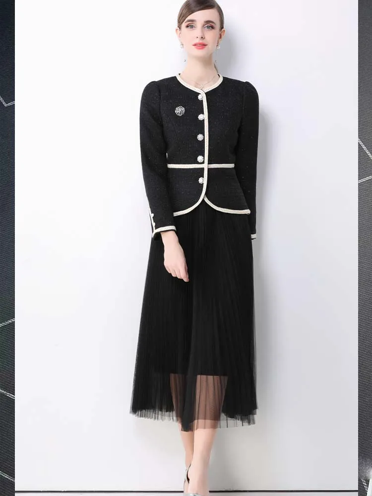 

Элегантная приталенная куртка с длинными рукавами + сетчатая плиссированная юбка с высокой талией, комплект из двух предметов, новинка 2025, модная осенняя женская одежда