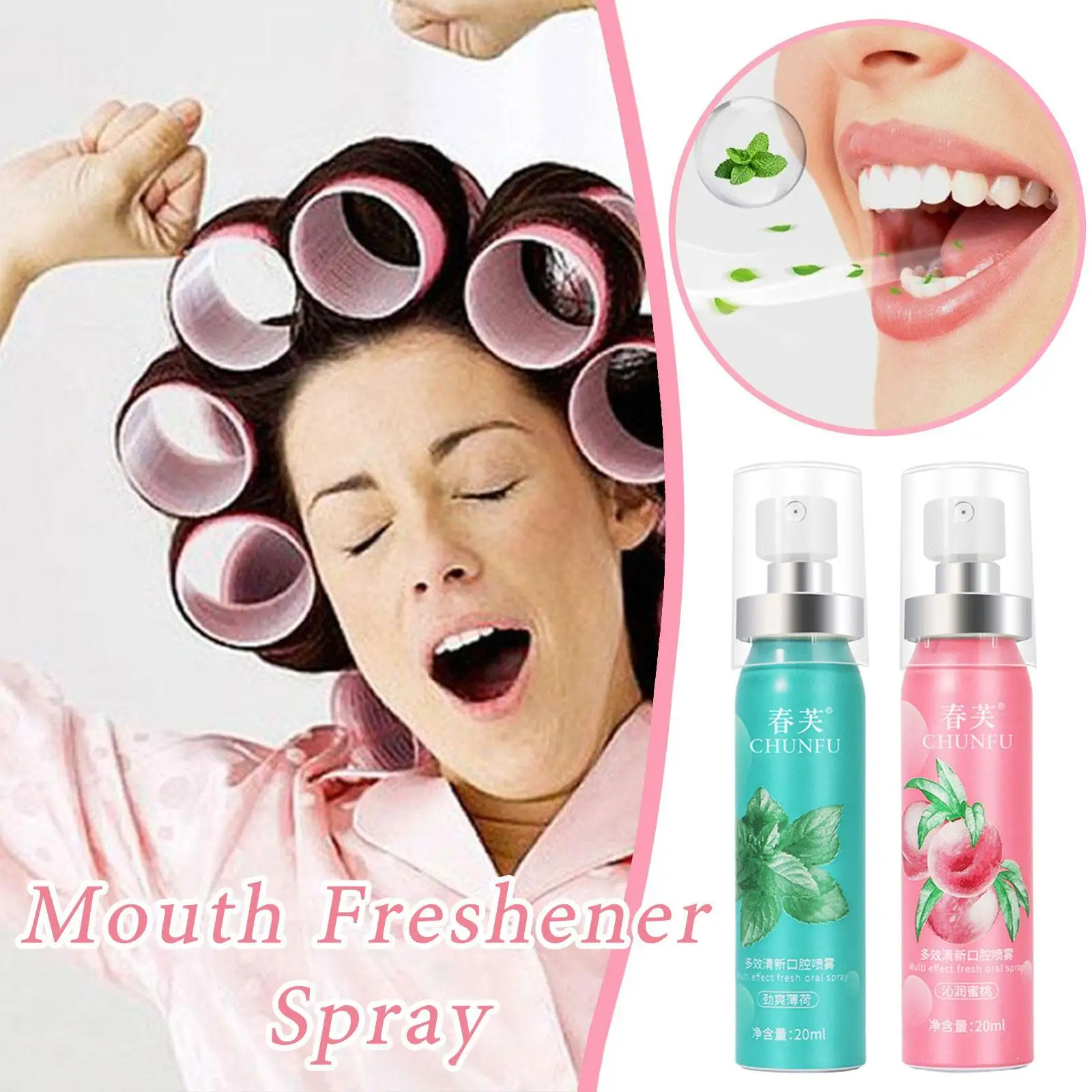 CHUNFU-Désodorisant multi-effets pour la bouche, spray buccal pour éliminer la mauvaise haleine, saveur menthe et pêche